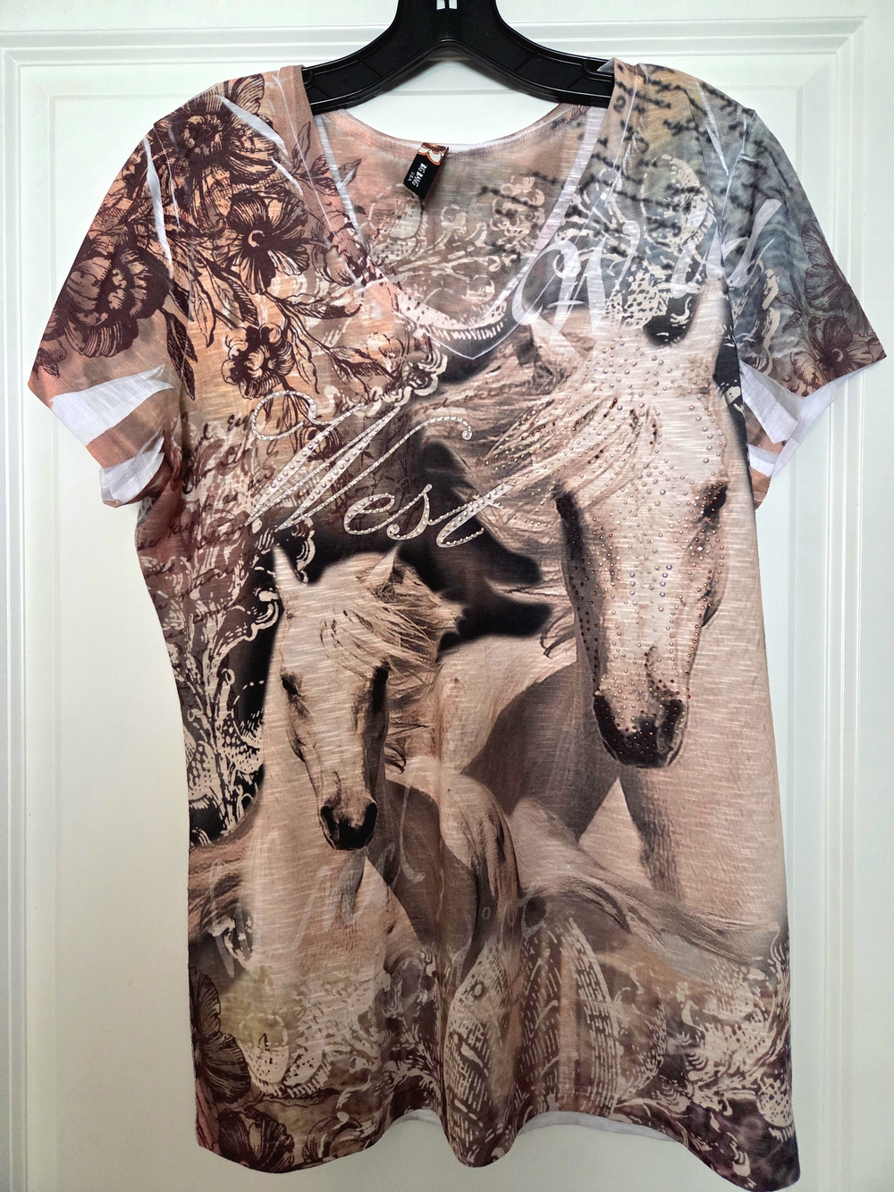 Womens Horse Print Tee - Embellished Beige Brown Graphic Top Rhinestone Western